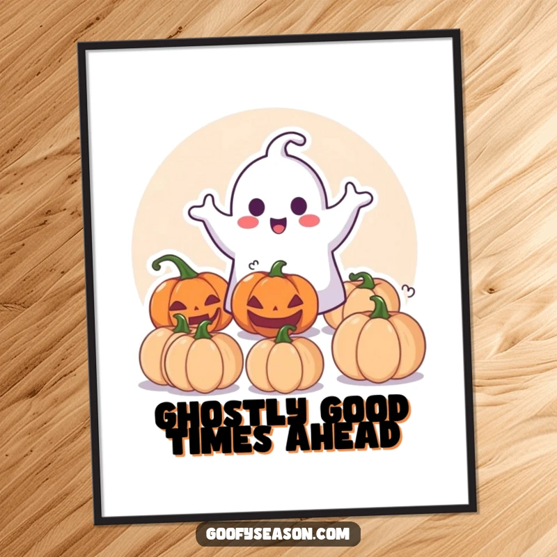 Funny Free Printable Wall Art: Happy ghost startling pumpkins, a playful and spooky DIY Halloween decoration.