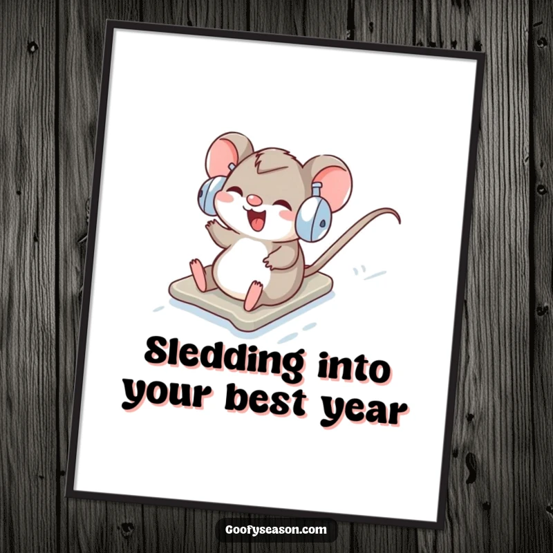 Funny Free Printable Wall Art: A giggling mouse sporting earmuffs slides gleefully down a snowy hill.
