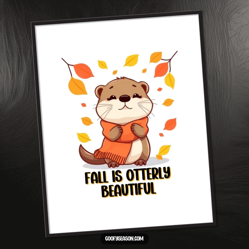Funny Free Printable Wall Art: A curious otter bundled in a scarf gazes at falling autumn leaves.