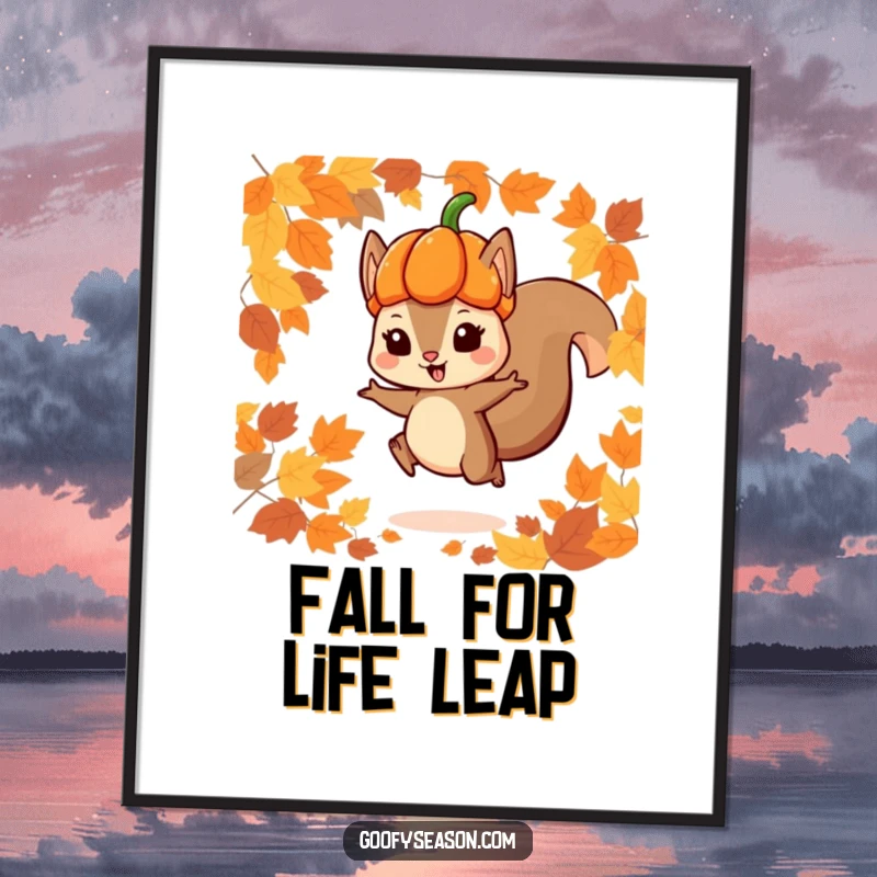Funny Free Printable Wall Art: Playful squirrel character in a cute pumpkin hat leaping dynamically through falling autumn leaves.