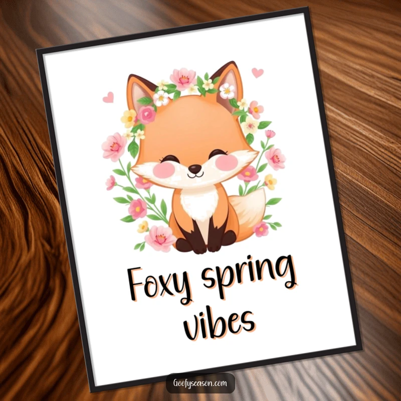 Funny Free Printable Wall Art: Happy fox adorned with a spring wreath, sitting amongst a profusion of colorful blooming flowers.