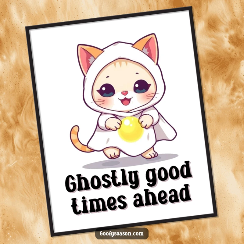 Funny Free Printable Wall Art: A playful cat in a ghost costume chases a glowing orb, adding a spooky vibe.