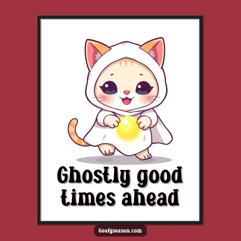 Free Printable Wall Art: Funny Cat Ghost Chasing Orb, Spooky Downloadable Home Decor