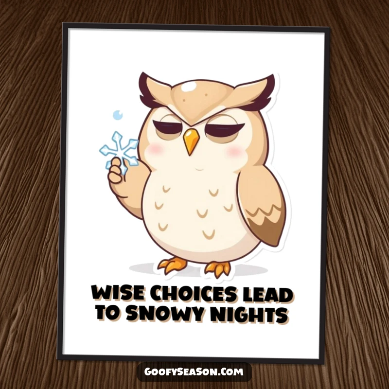 Funny Free Printable Wall Art: A determined owl comically attempts to catch a snowflake with its beak, looking slightly bewildered.
