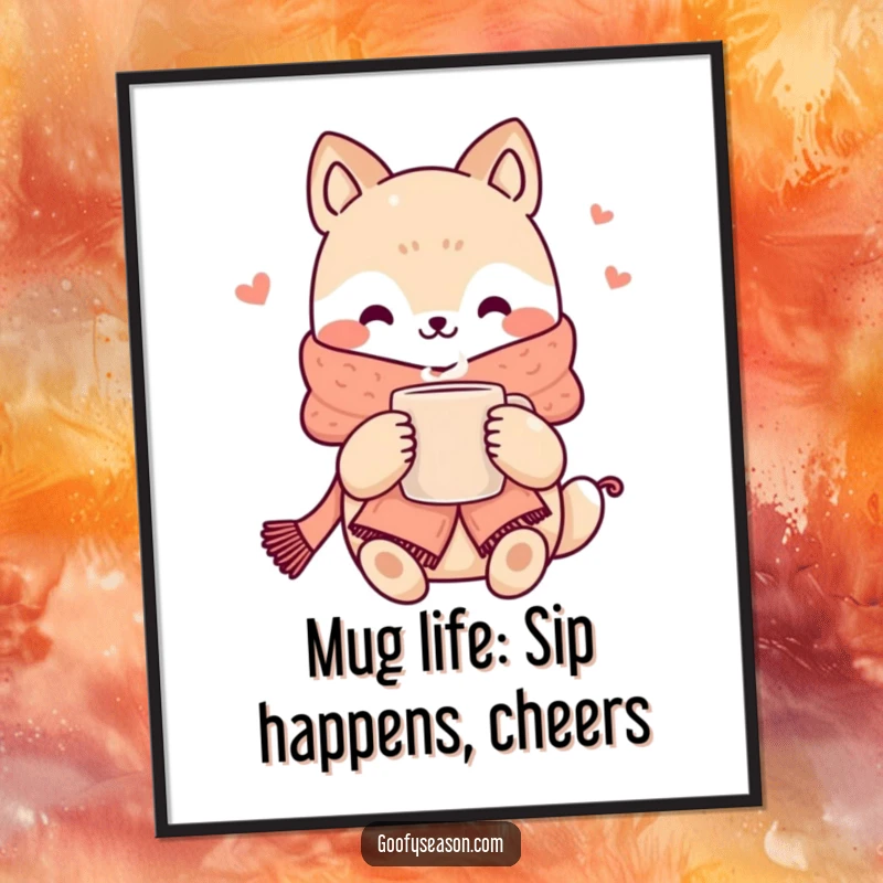 Funny Free Printable Wall Art: Kawaii animal wrapped in a scarf, holding a steaming mug, radiating coziness.