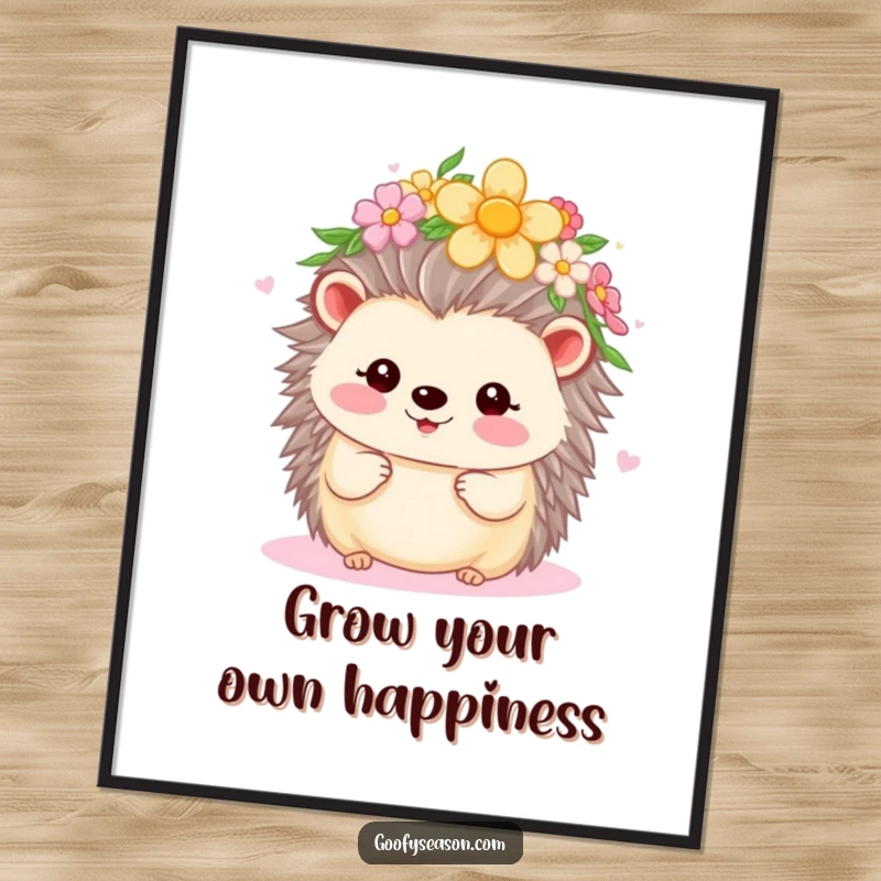 Funny Free Printable Wall Art: Kawaii hedgehog adorned with a vibrant flower crown, smiling brightly against a backdrop of spring blossoming.