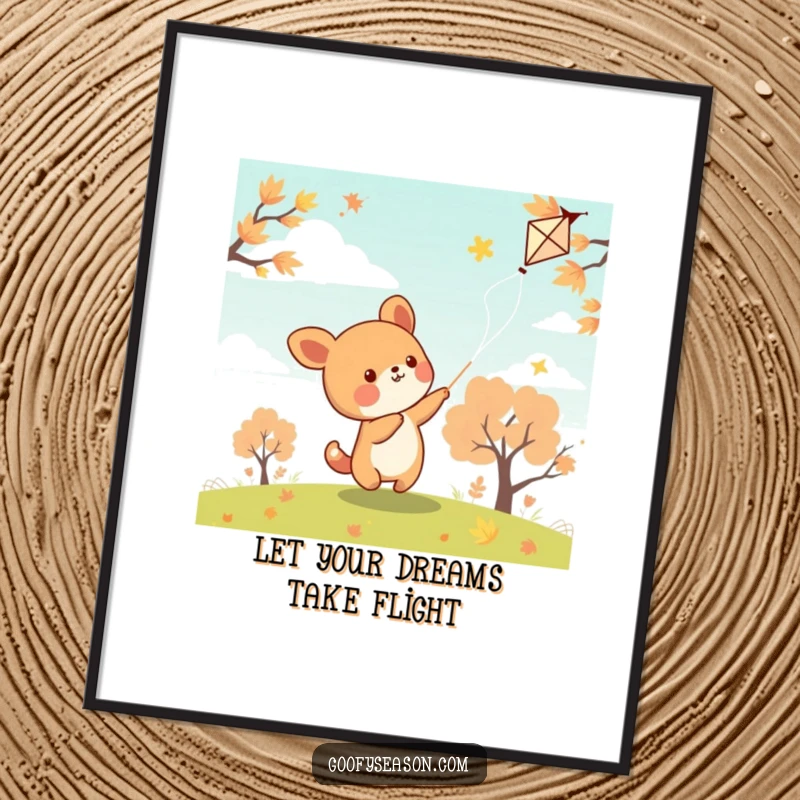 Funny Free Printable Wall Art: Kawaii animal gleefully plays with a kite on a breezy, colorful autumn day.