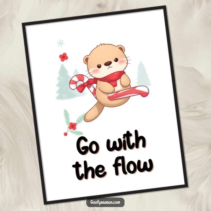 Funny Free Printable Wall Art: Kawaii otter joyfully floating on a festive candy cane in a snowy winter scene, embracing the season.