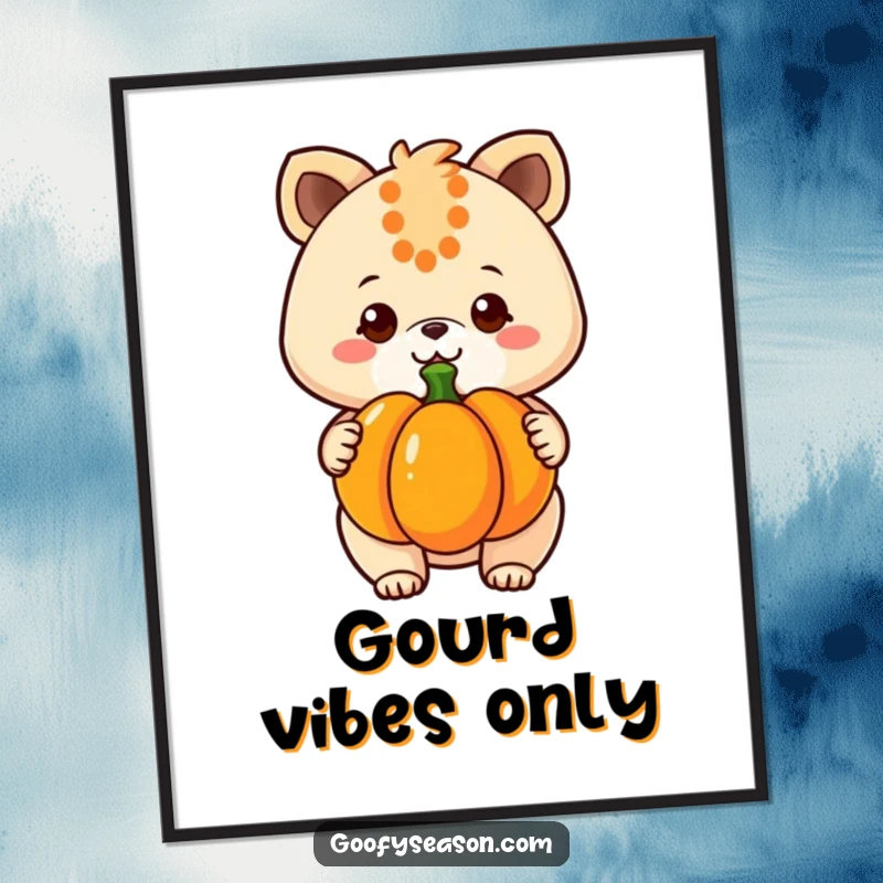 Funny Free Printable Wall Art: Kawaii animal proudly holds a big pumpkin with a cheerful, wide grin.