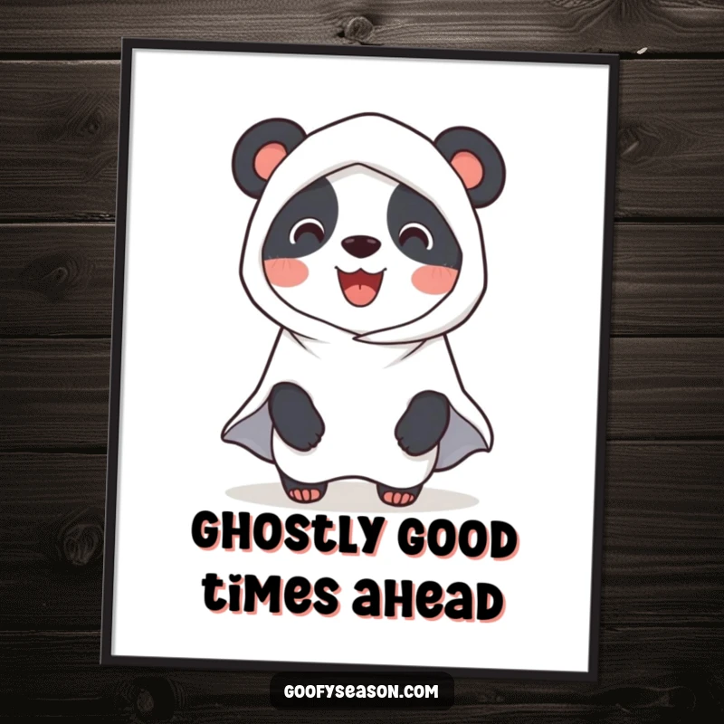 Funny Free Printable Wall Art: A smiling panda character is adorably dressed as a ghost, ready for Halloween festivities.