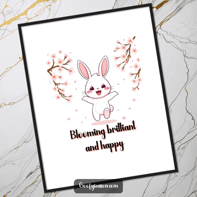 Funny Free Printable Bunny Wall Art: A joyful bunny character is hopping amidst a shower of delicate cherry blossoms.