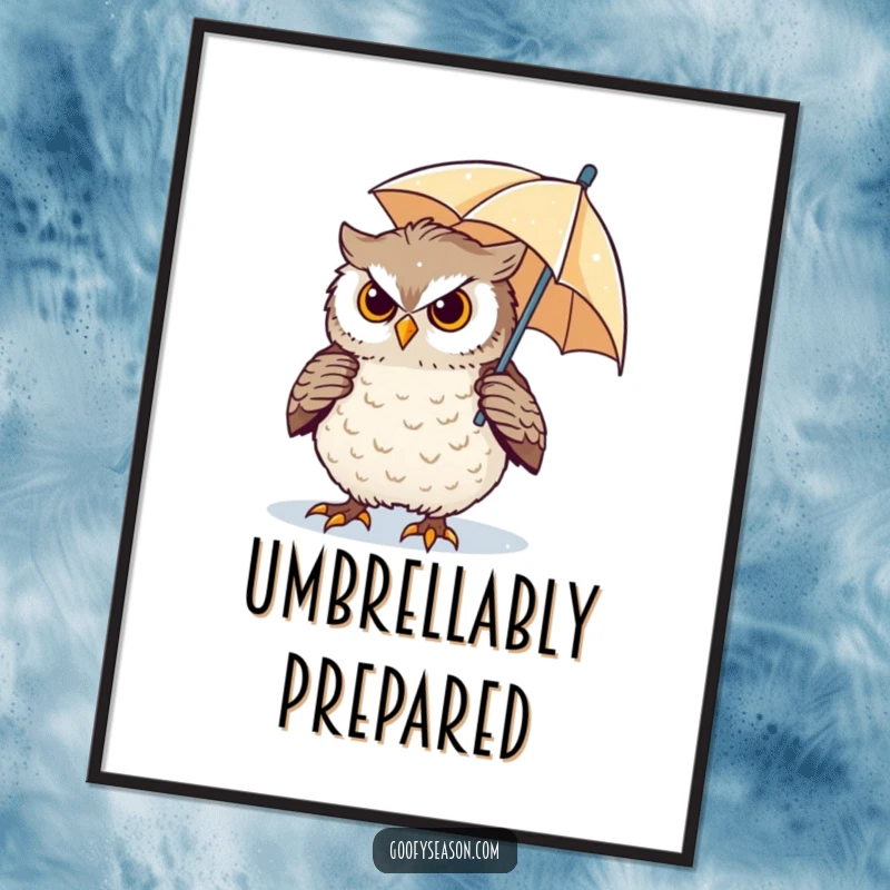 Funny Free Printable Owl Wall Art: A determined owl bravely navigating a harsh blizzard with a tiny umbrella. Downloadable decor.