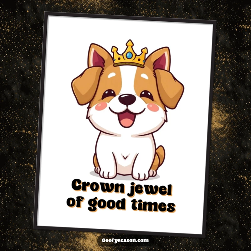 Funny Free Printable Wall Art: A delighted dog wearing a miniature crown feasts like royalty, exuding pure joy.