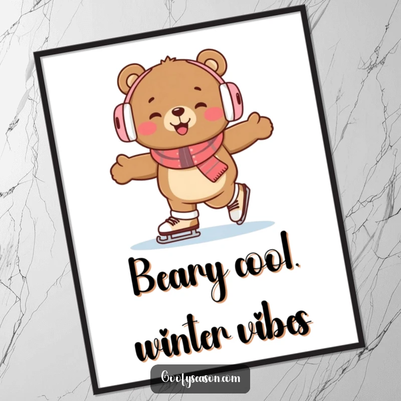Funny Free Printable Wall Art: A happy bear wearing earmuffs skates energetically on ice, embodying winter joy.