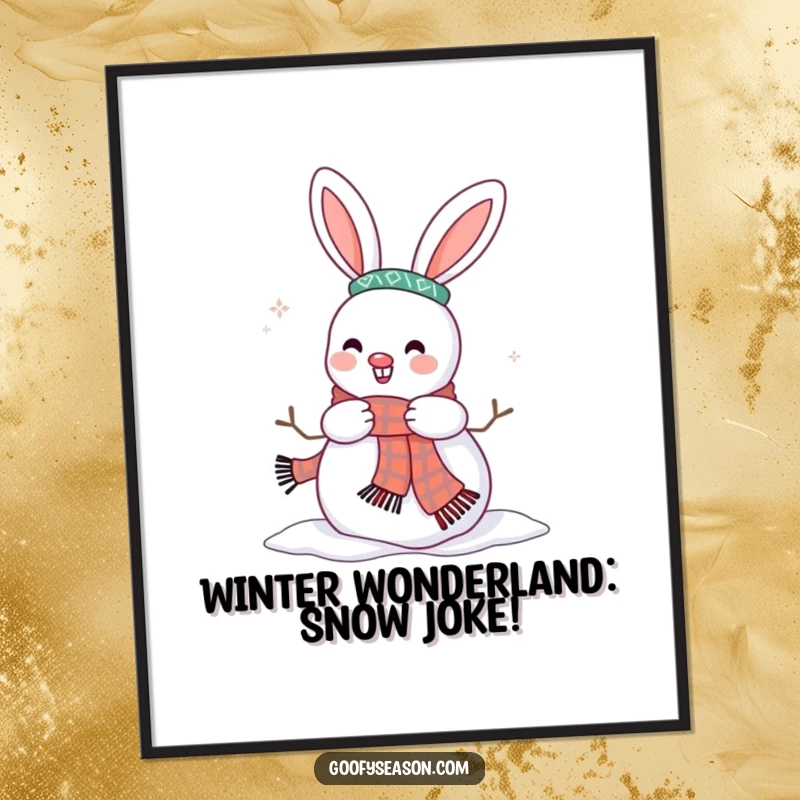Funny Free Printable Wall Art showcases a happy bunny enthusiastically decorating a snowman with a cozy scarf for winter.