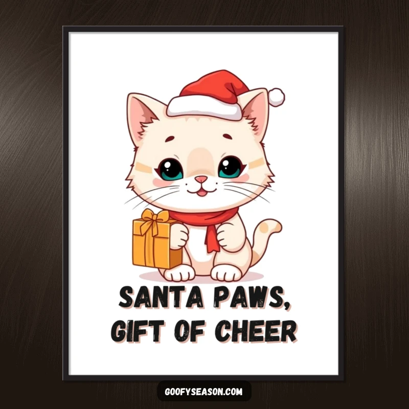 Funny Free Printable Wall Art: A cute cat character wearing a tiny Santa hat holds a gift, adding festive and whimsical charm.