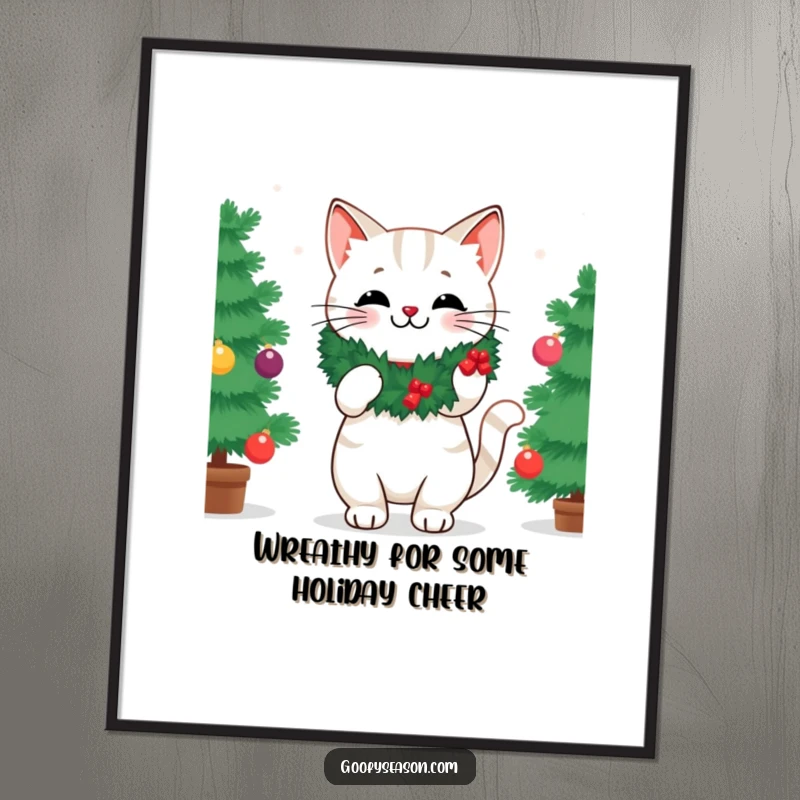 Funny Free Printable Wall Art featuring a cheerful cat in a festive wreath, decorating a tree with holiday spirit.
