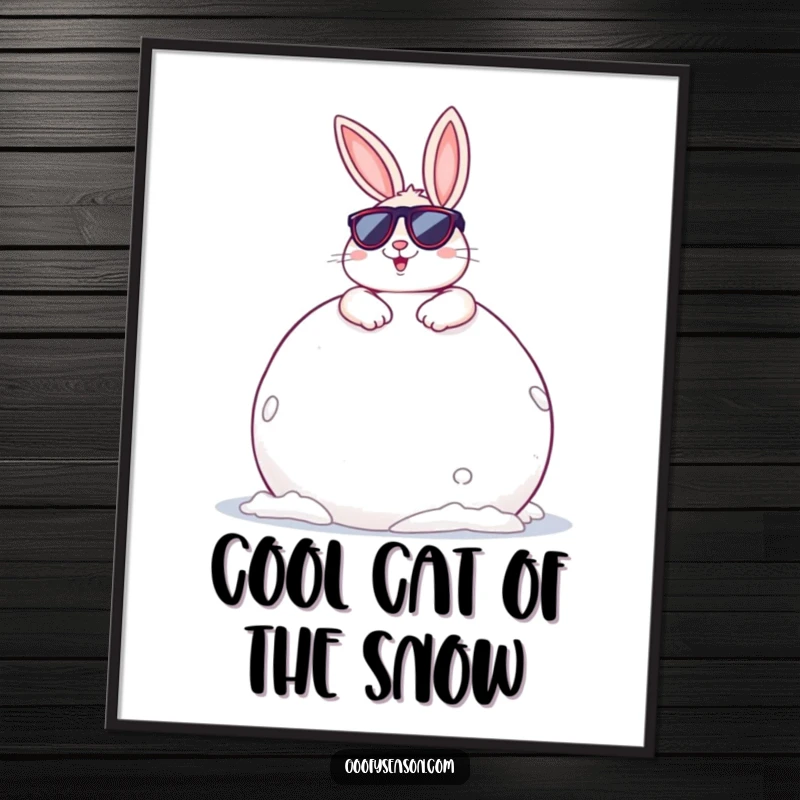 Funny Free Printable Wall Art: Cheerful bunny in sunglasses lounging on a giant snowball, exuding cool relaxation.