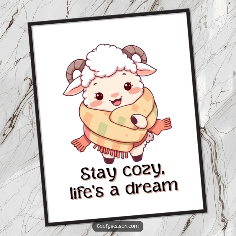 Funny free printable wall art showing a content sheep happily enveloped by an enormous, soft, and extremely cozy knitted scarf.