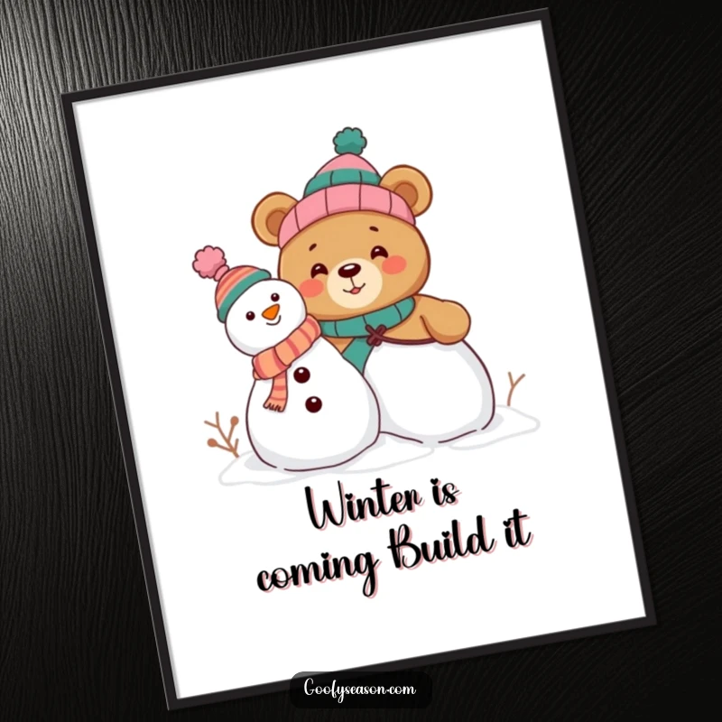 Funny Free Printable Wall Art: Curious bear wearing mismatched hats builds a snowman, a whimsical winter scene.