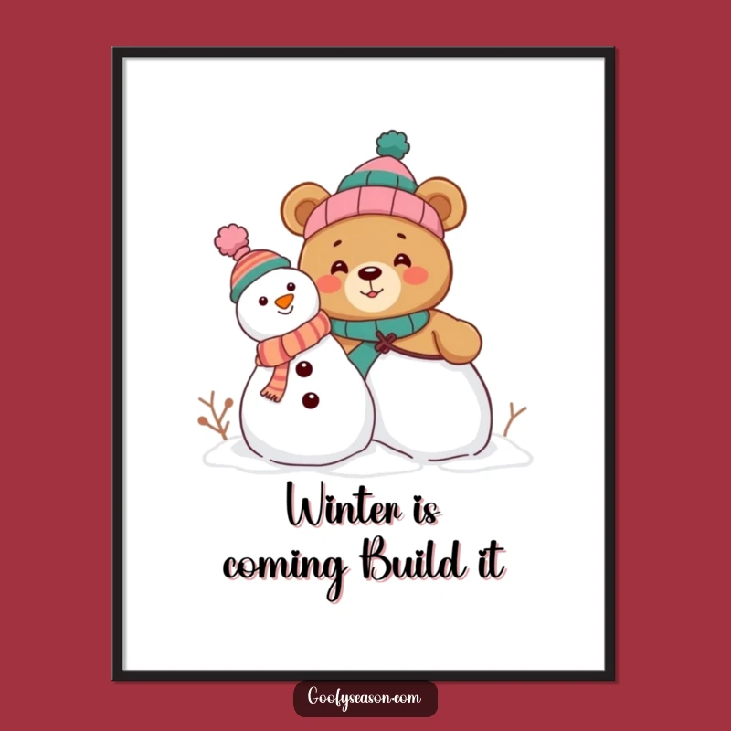 Funny Free Printable Wall Art: Curious Bear Building Snowman, Humorous Downloadable Decor for Your Home
