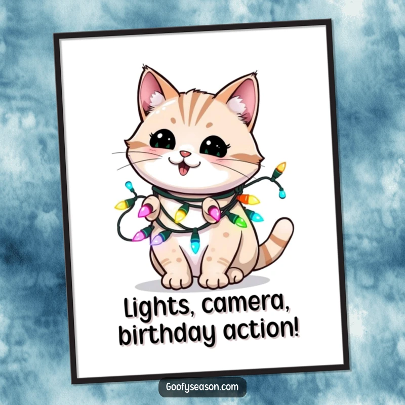 Funny Free Printable Wall Art: An energetic cat hilariously wrapped in blinking holiday lights, adding a playful glow to any room.