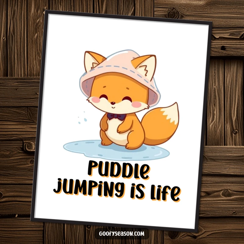 Funny Free Printable Wall Art: Playful fox wearing a rain hat gleefully splashing and jumping in muddy puddles.