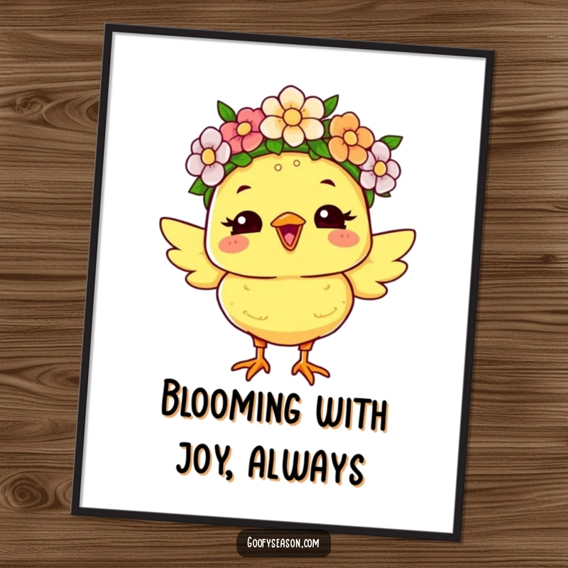 Funny Free Printable Wall Art: Joyous chick character wearing a vibrant flower crown, radiating happiness and springtime vibes.