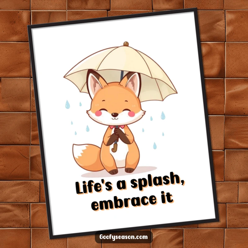 Funny Free Printable Wall Art: Kawaii fox sheltering under an umbrella during cheerful spring raindrops, creating a happy scene.
