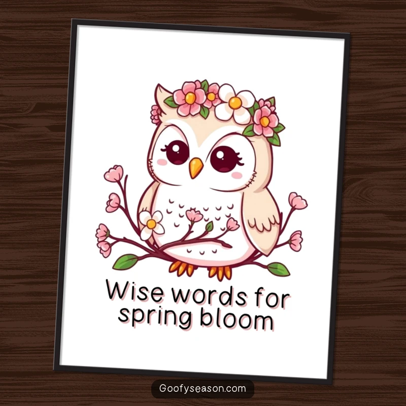 Funny Free Printable Wall Art: A cute kawaii owl wearing a flower crown, observing delicate spring buds as they bloom.