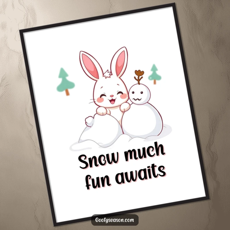 Funny Free Printable Wall Art: A mischievous kawaii bunny with a grin building a snowman, perfect for whimsical winter decor.