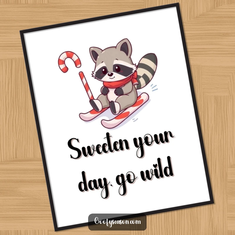 Funny free printable wall art depicting a cheerful raccoon sledding with joy down a massive, swirling candy cane hill.