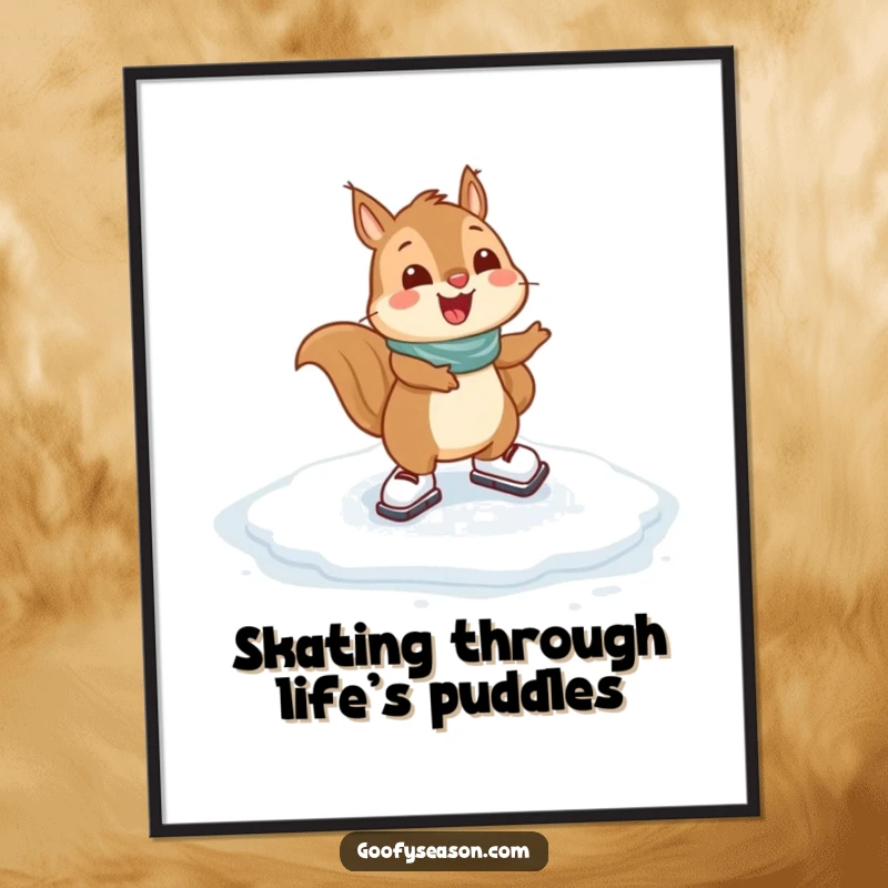 Funny Free Printable Wall Art: Happy squirrel gleefully ice skating on a frozen puddle, full of joy and energy.