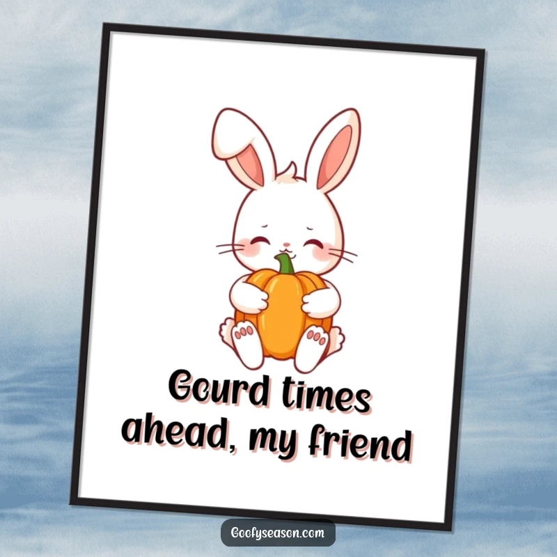 Funny Free Printable Wall Art: Shy Kawaii bunny holding a pumpkin, smiling shyly, evoking sweet autumn warmth and charm.