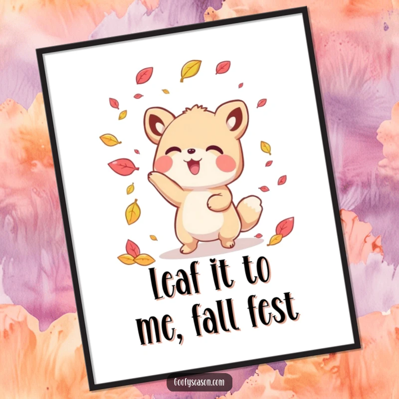Funny Free Printable Wall Art: Kawaii animal delightedly tosses a flurry of colorful autumn leaves, spreading cheer.