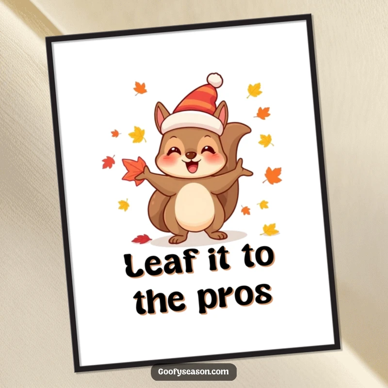 Funny Free Printable Wall Art: Joyful squirrel in a festive hat juggling colorful autumn leaves, vibrant DIY decor.