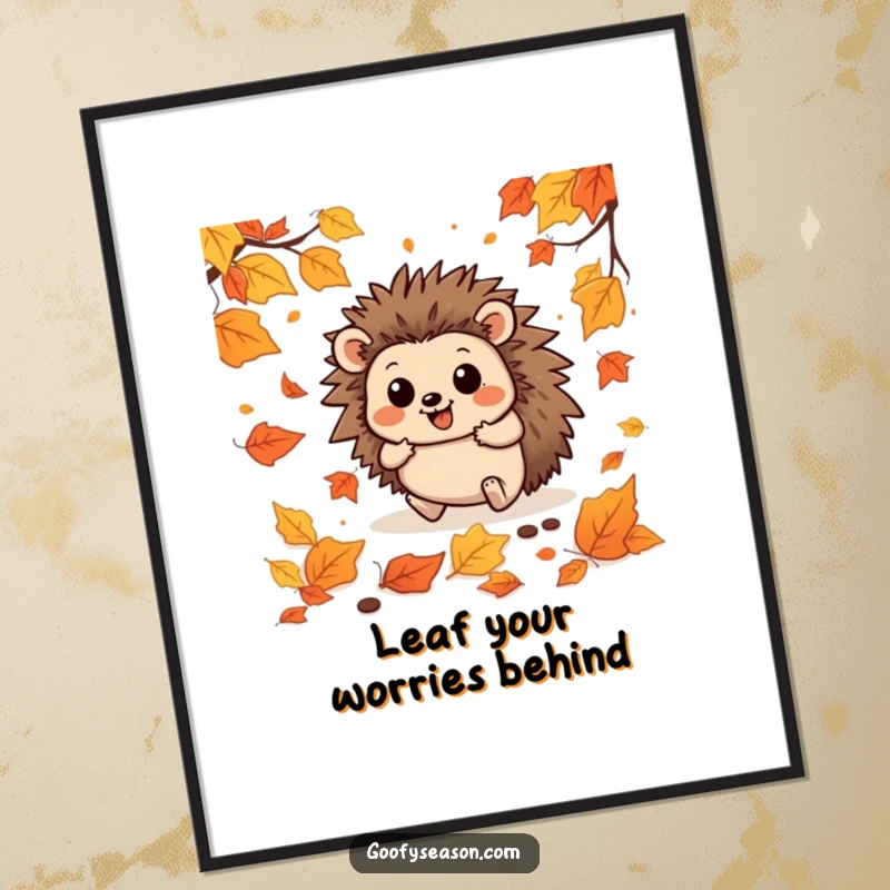 Funny free printable wall art of a happy hedgehog comically stumbling and rolling through a dense layer of colorful autumn leaves.