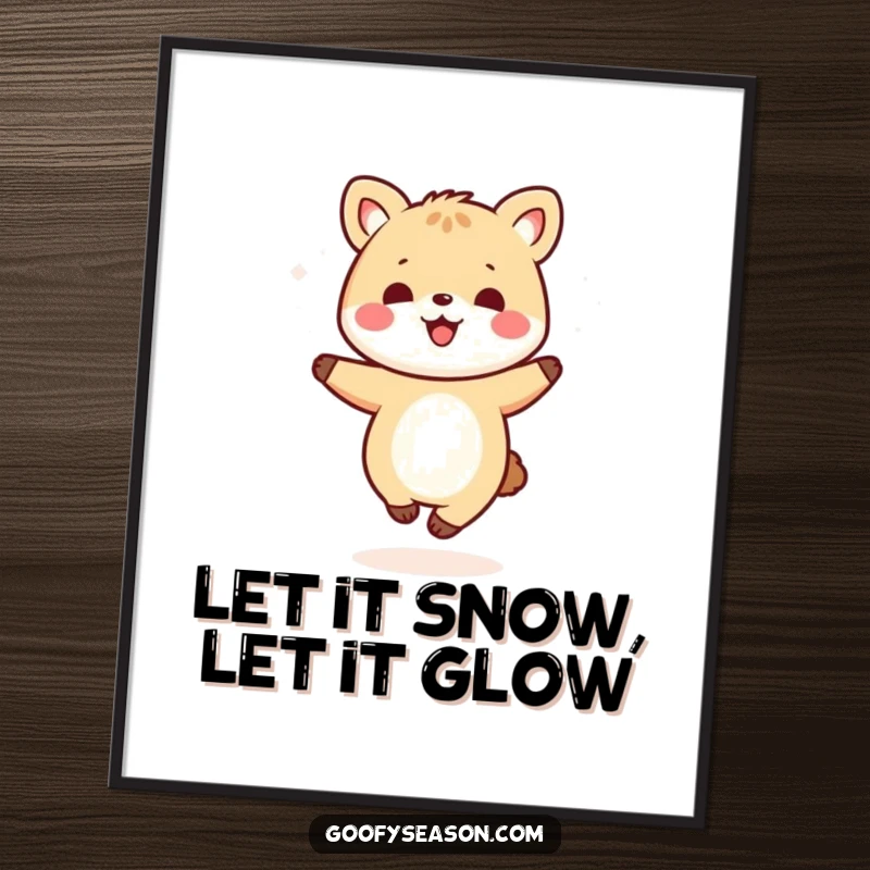 Funny Free Printable Wall Art: A kawaii animal character joyfully dancing amidst a shower of delicate snowflakes.