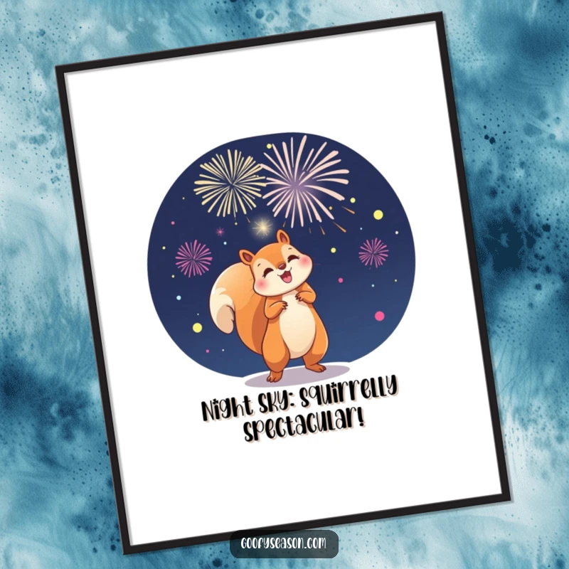 Funny Free Printable Wall Art depicts a playful squirrel energetically launching a dazzling display of fireworks into the dark night sky.