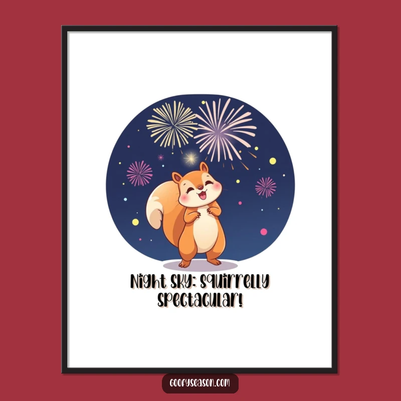 Funny Free Printable Wall Art: Squirrel Fireworks Night Sky, Downloadable Decor