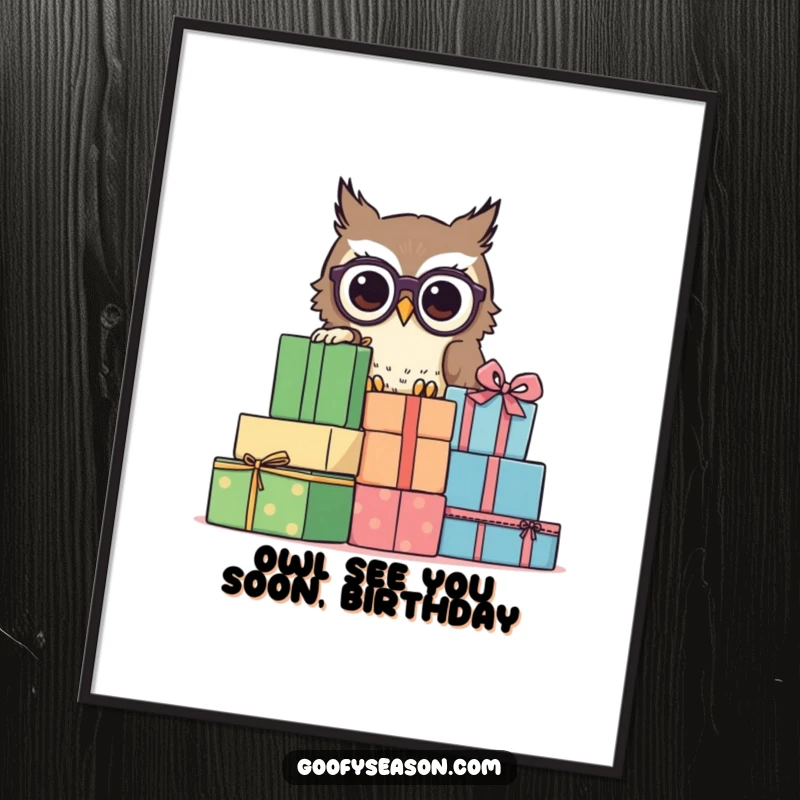 Funny Free Printable Wall Art: Curious owl wearing spectacles peeking from behind a stack of gifts.