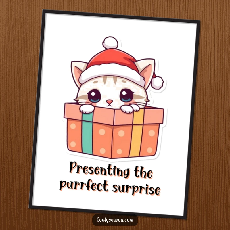 Funny Free Printable Wall Art: A curious cat in a Santa hat peeking from a present box, perfect for holidays.