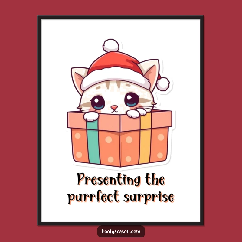 Free Printable Funny Cat Wall Art: Santa Kitty Peeking from Gift Box Art!