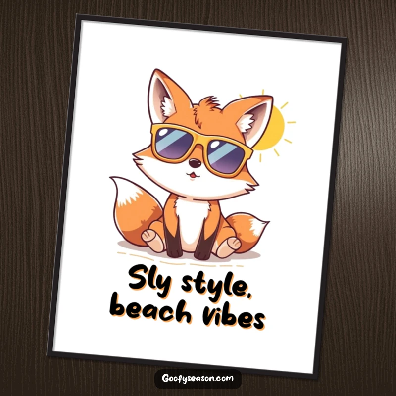 Funny Free Printable Wall Art: A curious fox wearing huge sunglasses enjoys a bright, sunny beach day.