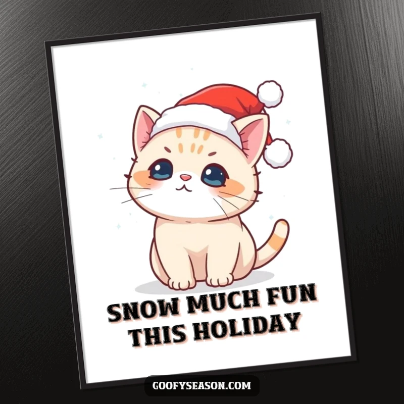 Funny Free Printable Wall Art: A kawaii cat wearing a tiny Santa hat, playfully catching snowflakes.