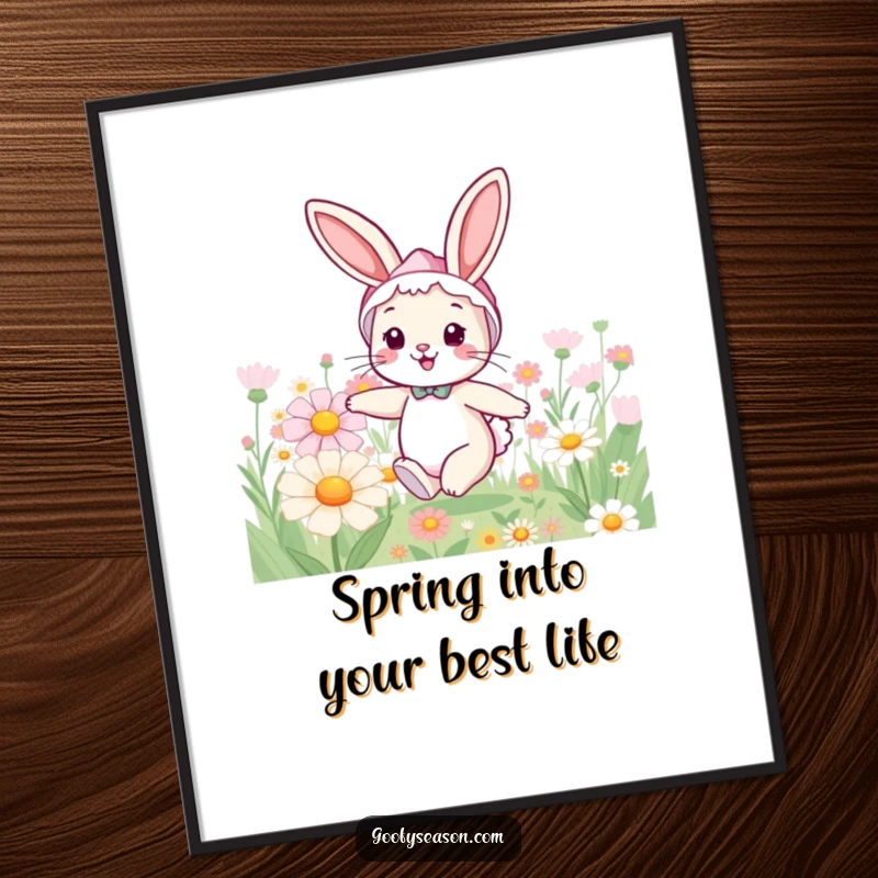 Funny Free Printable Wall Art: A cheerful bunny in a spring bonnet hopping through a field of giant flowers.