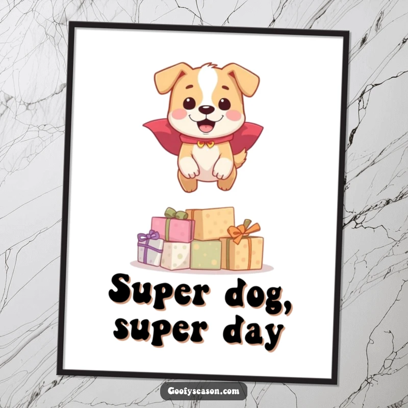 Funny Free Printable Wall Art: Dog in a tiny cape joyfully leaping over wrapped gift boxes.
