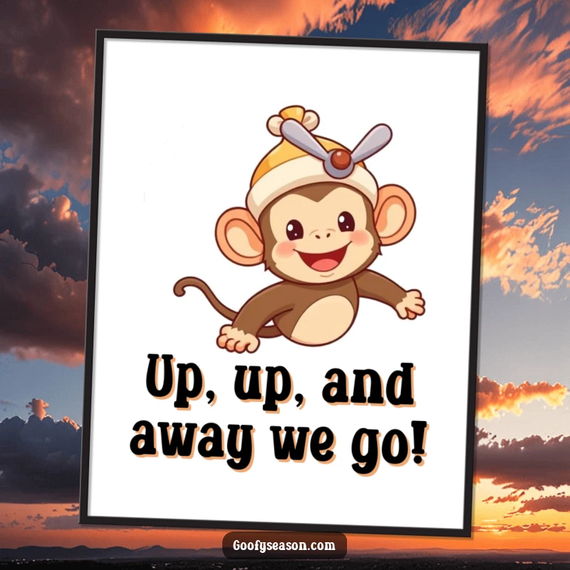Funny Free Printable Wall Art: Cheerful monkey in propeller beanie flying joyfully through a summer sky.