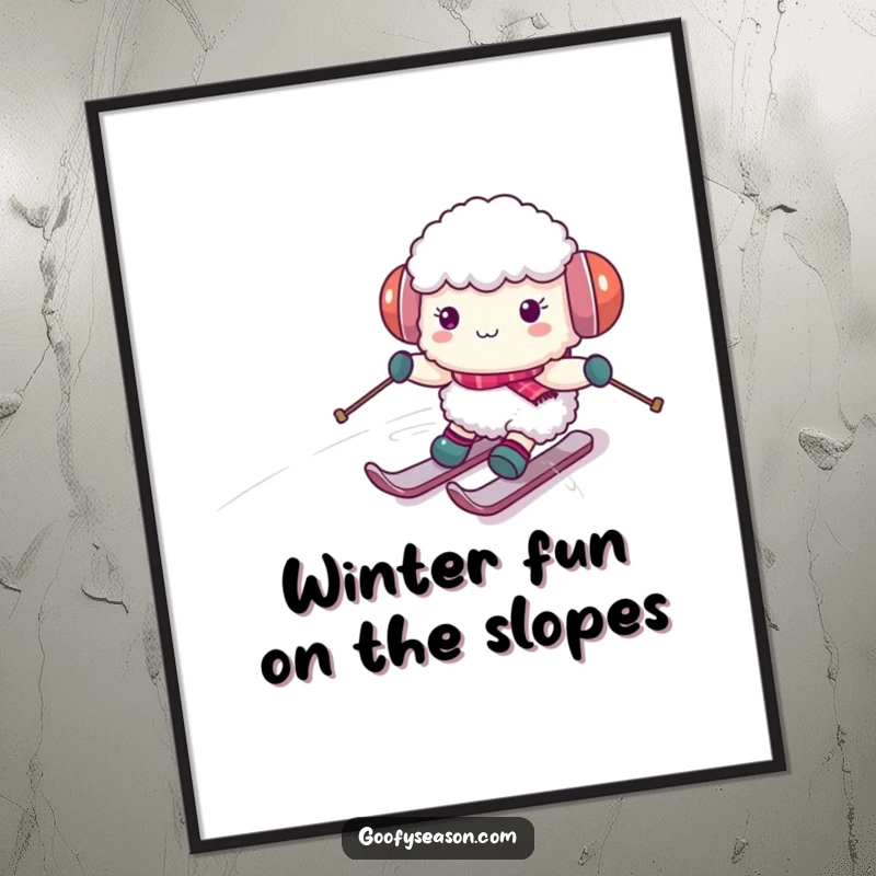 Funny Free Printable Wall Art: Adorable sheep in earmuffs hilariously attempting to ski down a steep, snowy mountain.