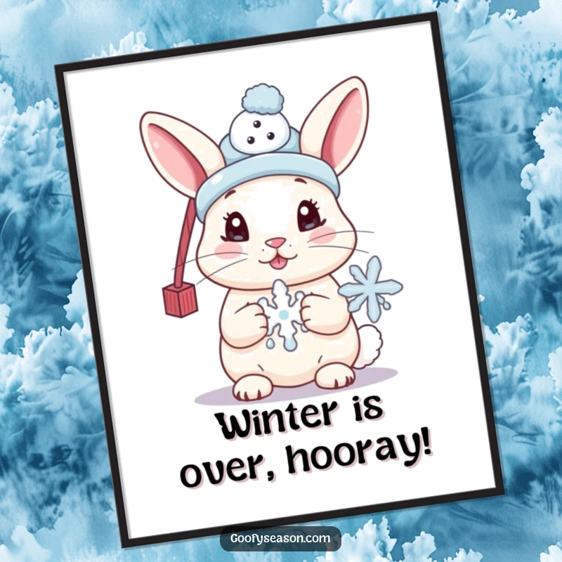 Funny Free Printable Wall Art: Cute bunny wearing a snowman hat, holding a melting snowflake, exuding winter charm.